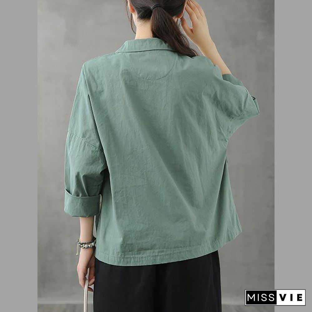 Loose Notched Button Down fall top Inspiration green blouses