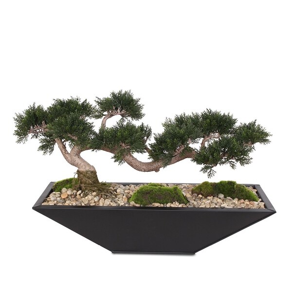 Artificial Large Cedar Bonsai，Moss，Natural Pebbles in Metal Zinc Pot