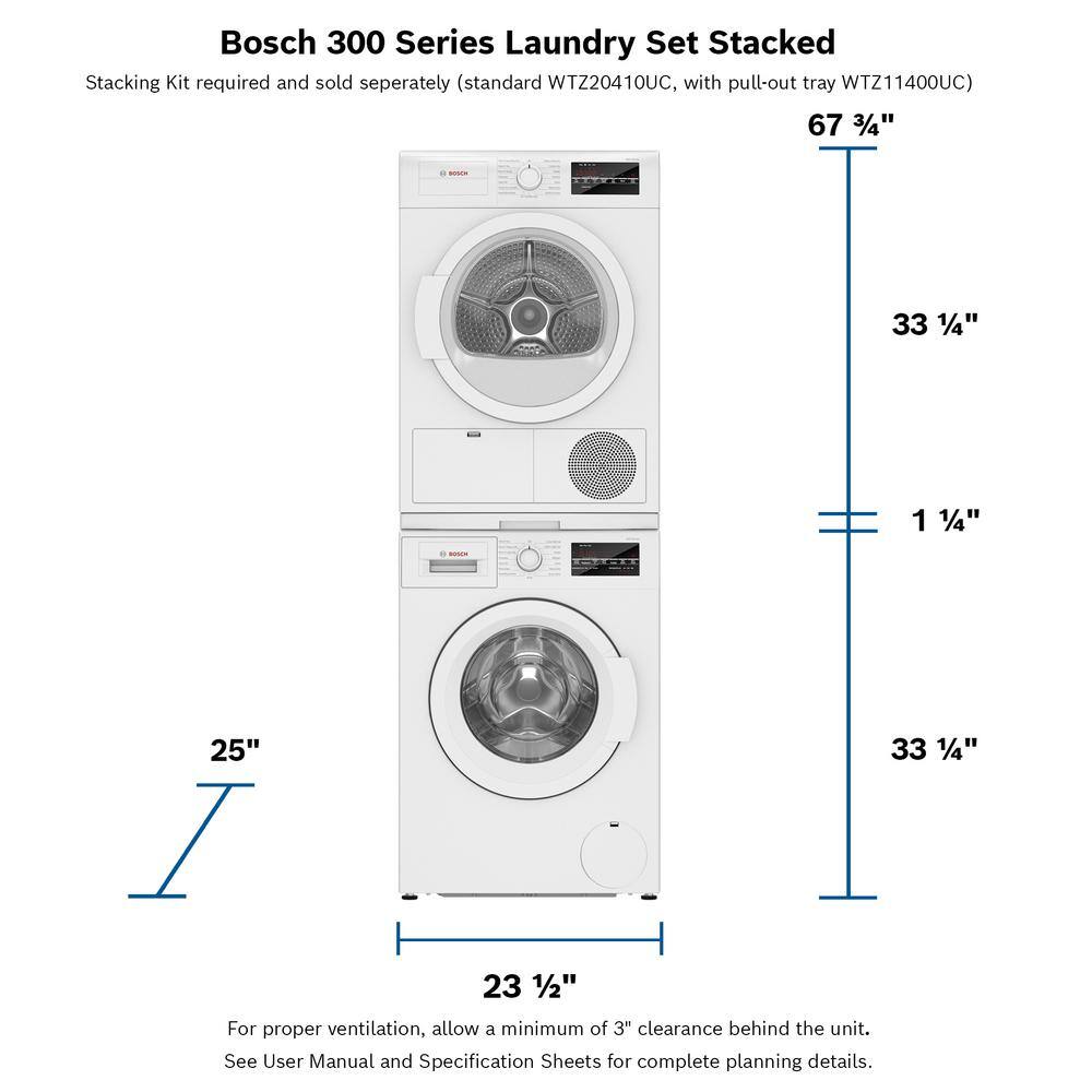 Bosch 300 Series 4 cu. ft. 240-Volt White Stackable Electric Ventless Condensate Compact Dryer ENERGY STAR WTG86403UC