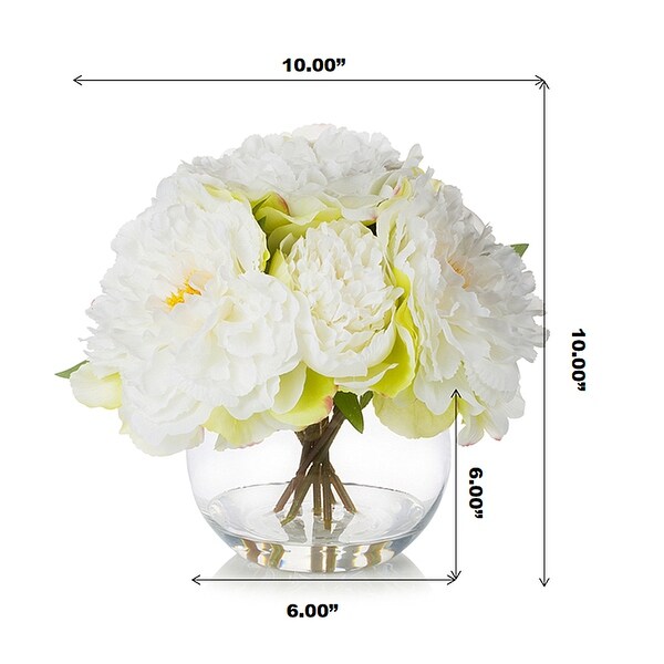 Enova Home Artificial Silk Peony Fake Flowers Arrangement in Round Glass Vase with Faux Water