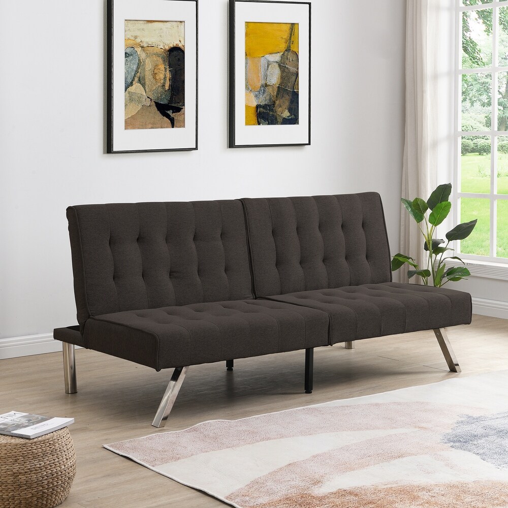 Convertible Futon Sofa Bed Folding Linen Upholstered Loveseat for Living Room with Adjustable Backrest Sofa and Stainless Legs