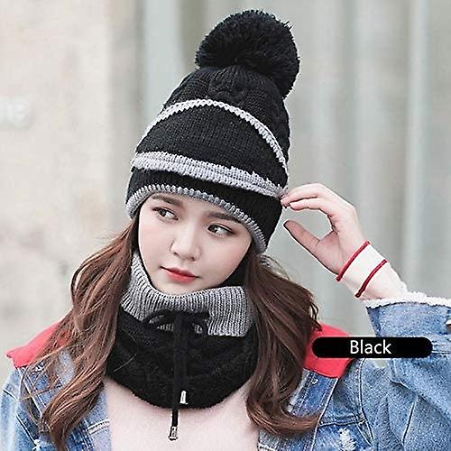 3pcs/set Fashion Women Winter Knitted Hat Thickened Woolen Cap With Warm Mask And Neck Scarf Black -