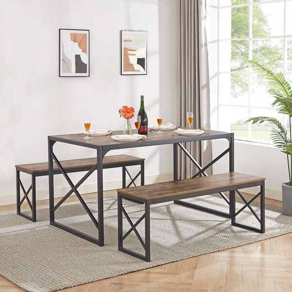 3-Piece Dining Set with Wood Table and 2 Benches