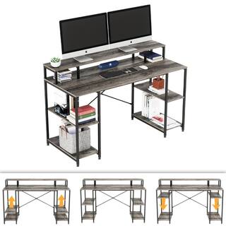 Bestier 61 in. LED Gaming Desk with 4-Tiers Reversible Storage Shelves and Side Storage Bag and 2-Hooks Black Carbon Fiber H101116G-BDCF