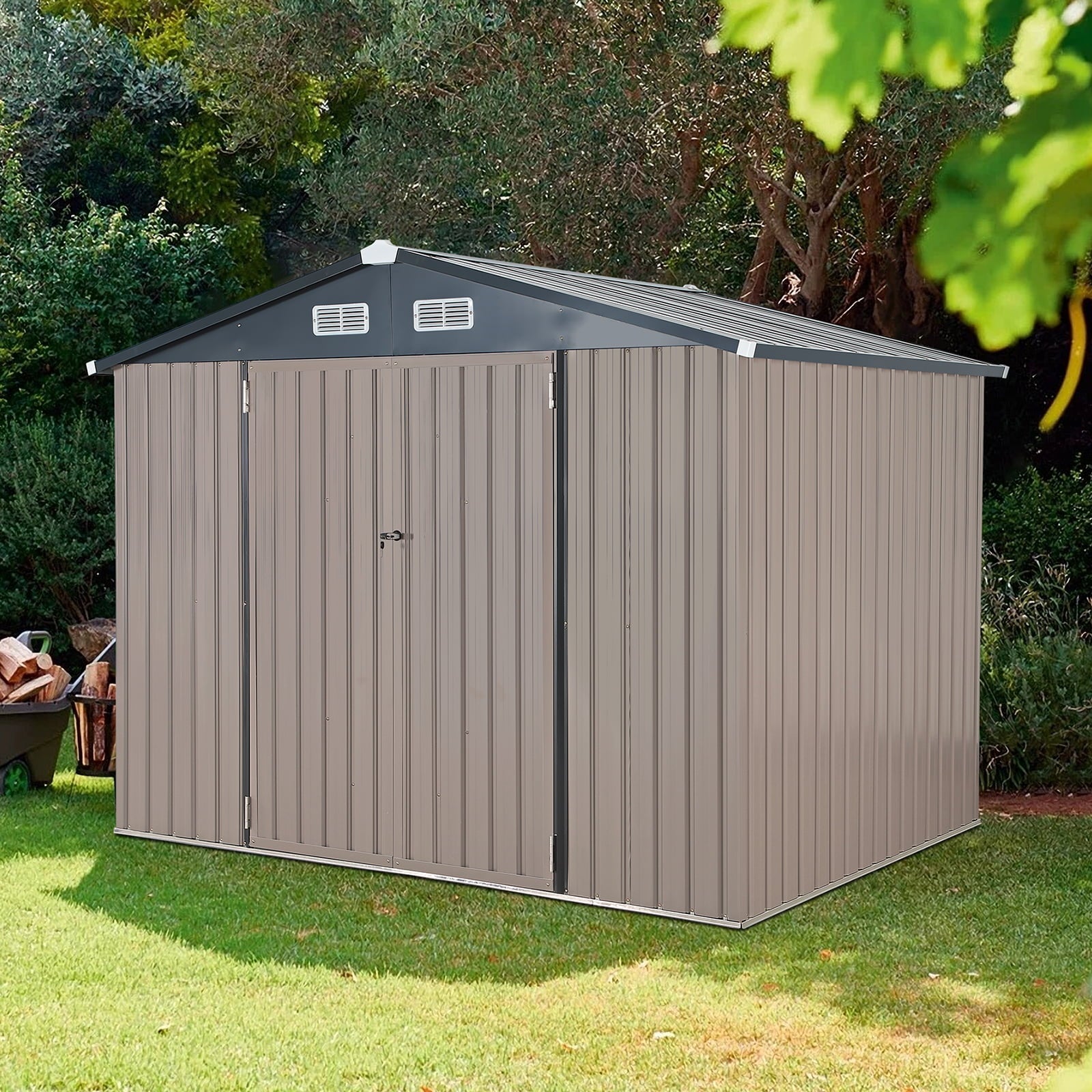 OC Orange-Casual 8' x 6' FT Outdoor Storage Shed, Metal Garden Tool Shed with Lockable Door, Outside Sheds & Storage Galvanized Steel, Brown