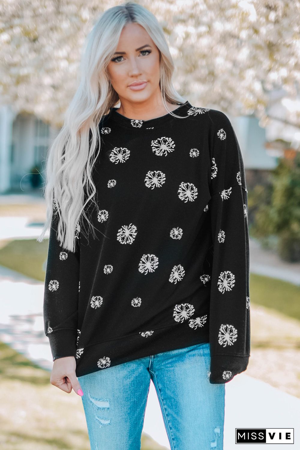 Black Dandelion Print Round Neck Sweatshirt