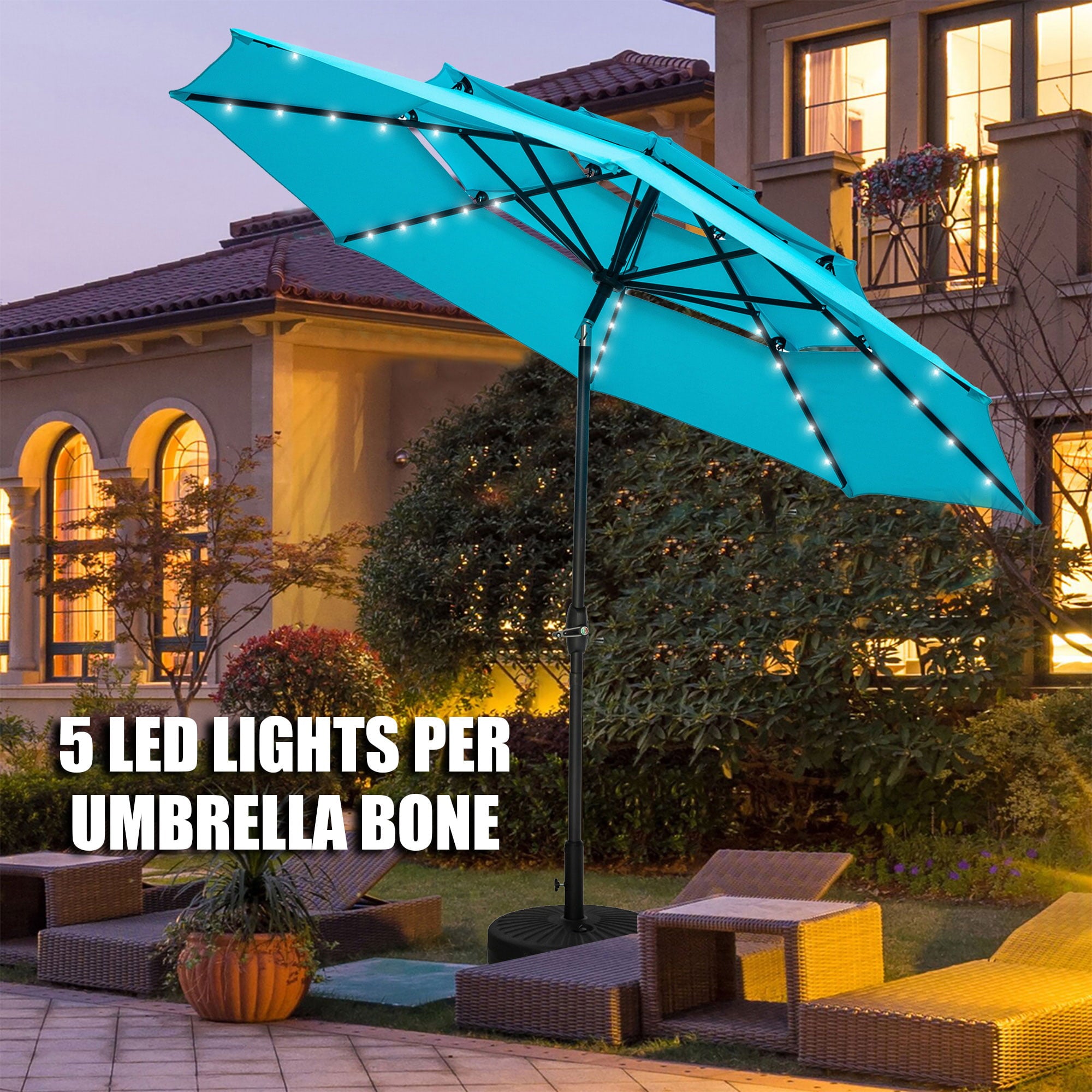 Autlaycil 10Ft 3 Tiers Patio Umbrellas Solar 32 LED Lighted Umbrella with 8 Ribs Patio Table Umbrella, Blue