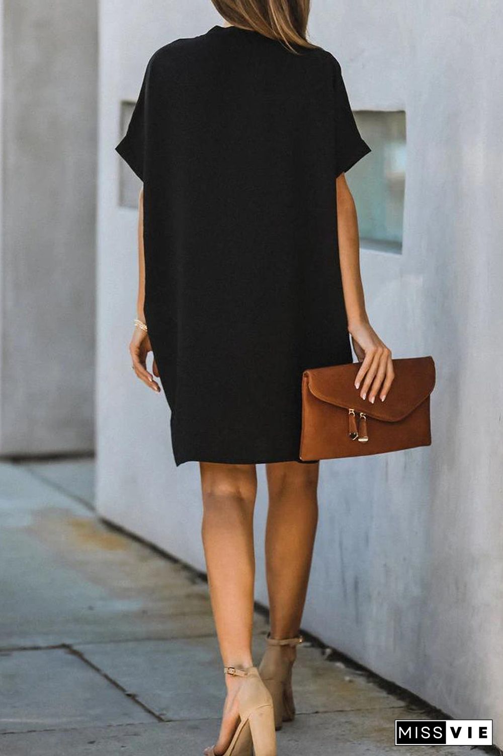 Solid Color V-Neck Loose Midi Dress