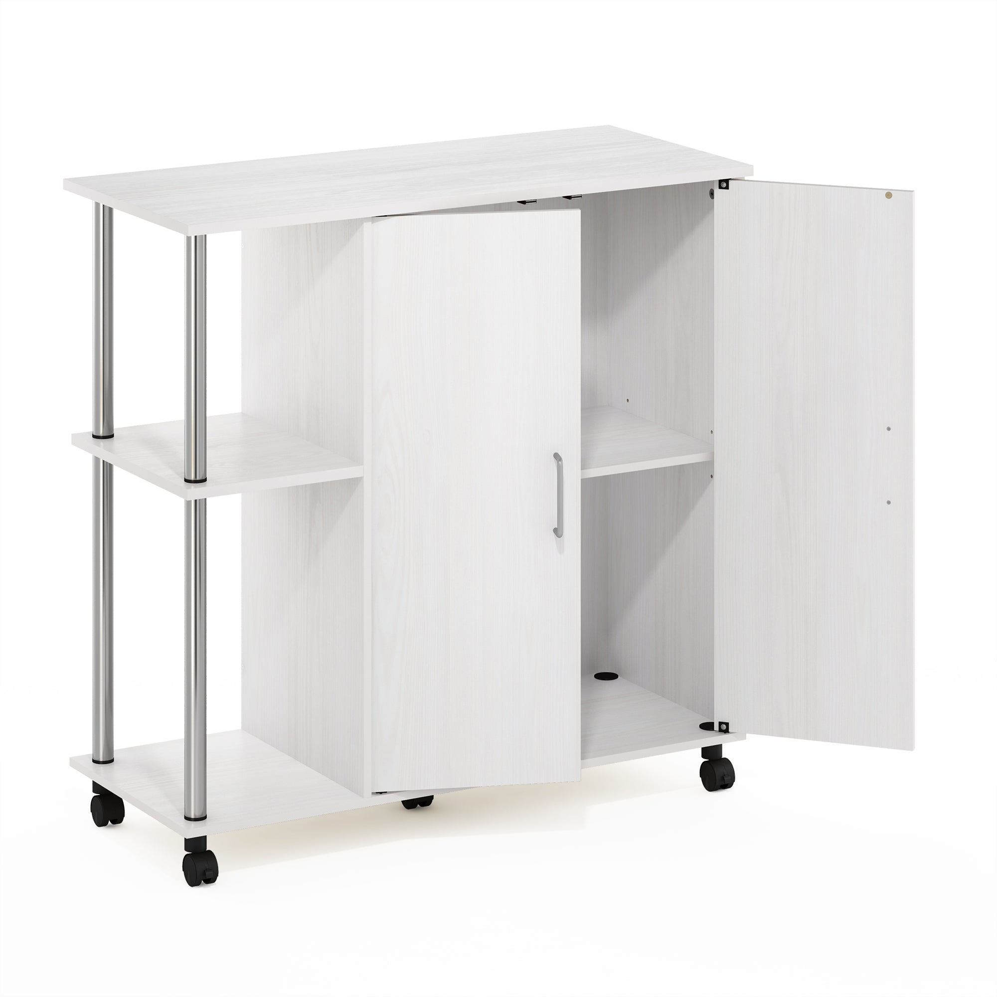 Furinno Helena 3-Tier Utility Kitchen Island and Storage Cart on wheels with Stainless Steel Tubes， White Oak/Chrome