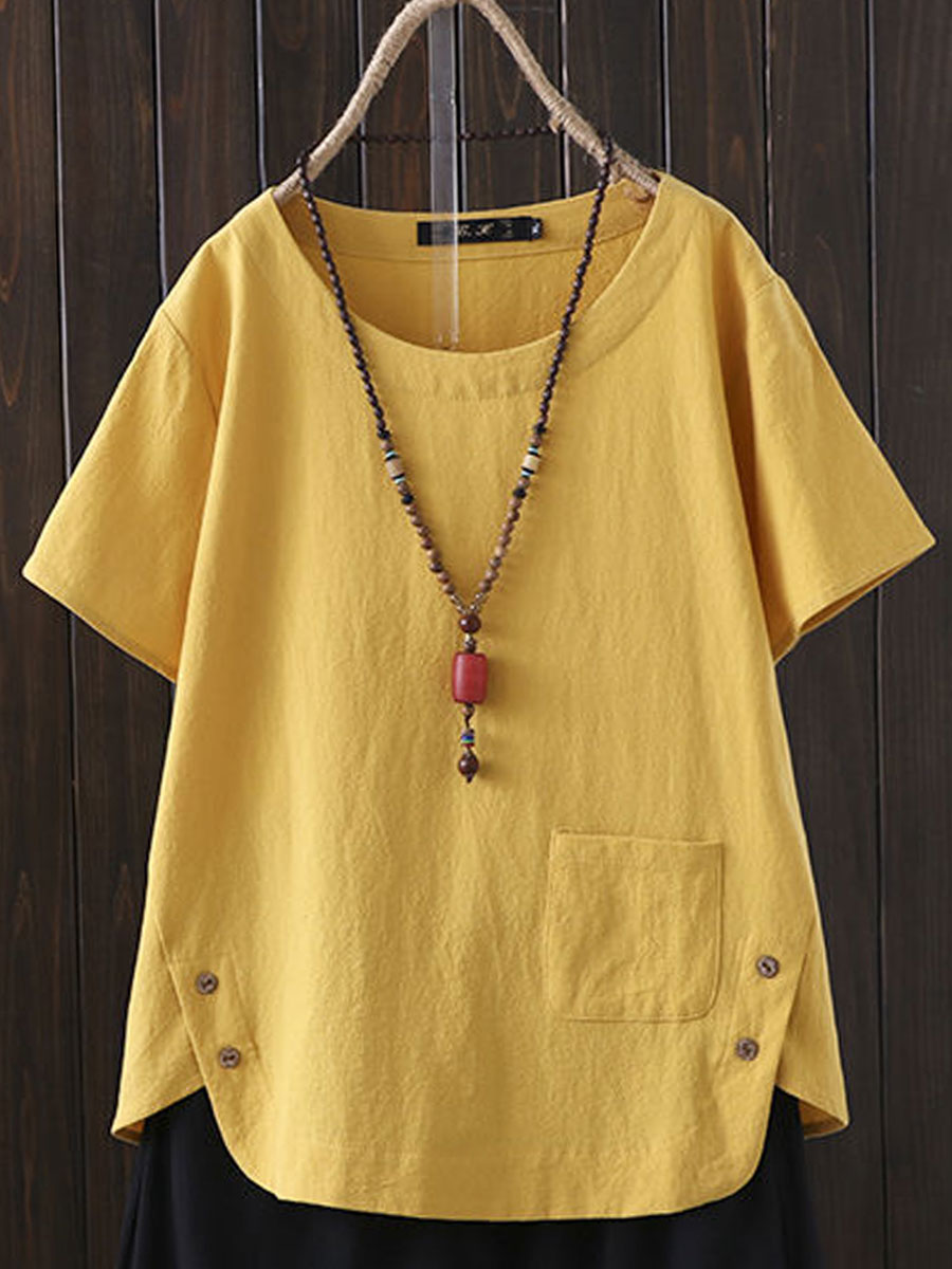 Cotton And Linen Solid Color Short-sleeved Blouse