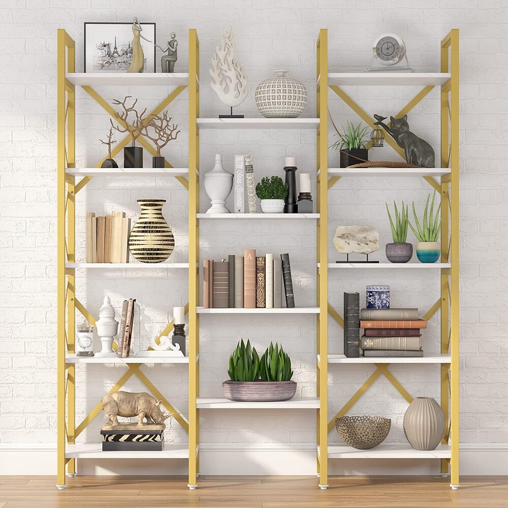 Triple Wide 5 Shelf Bookcase  Etagere Large Open Bookshelf Vintage Industrial Style Shelves Wood and Metal bookcases Furniture