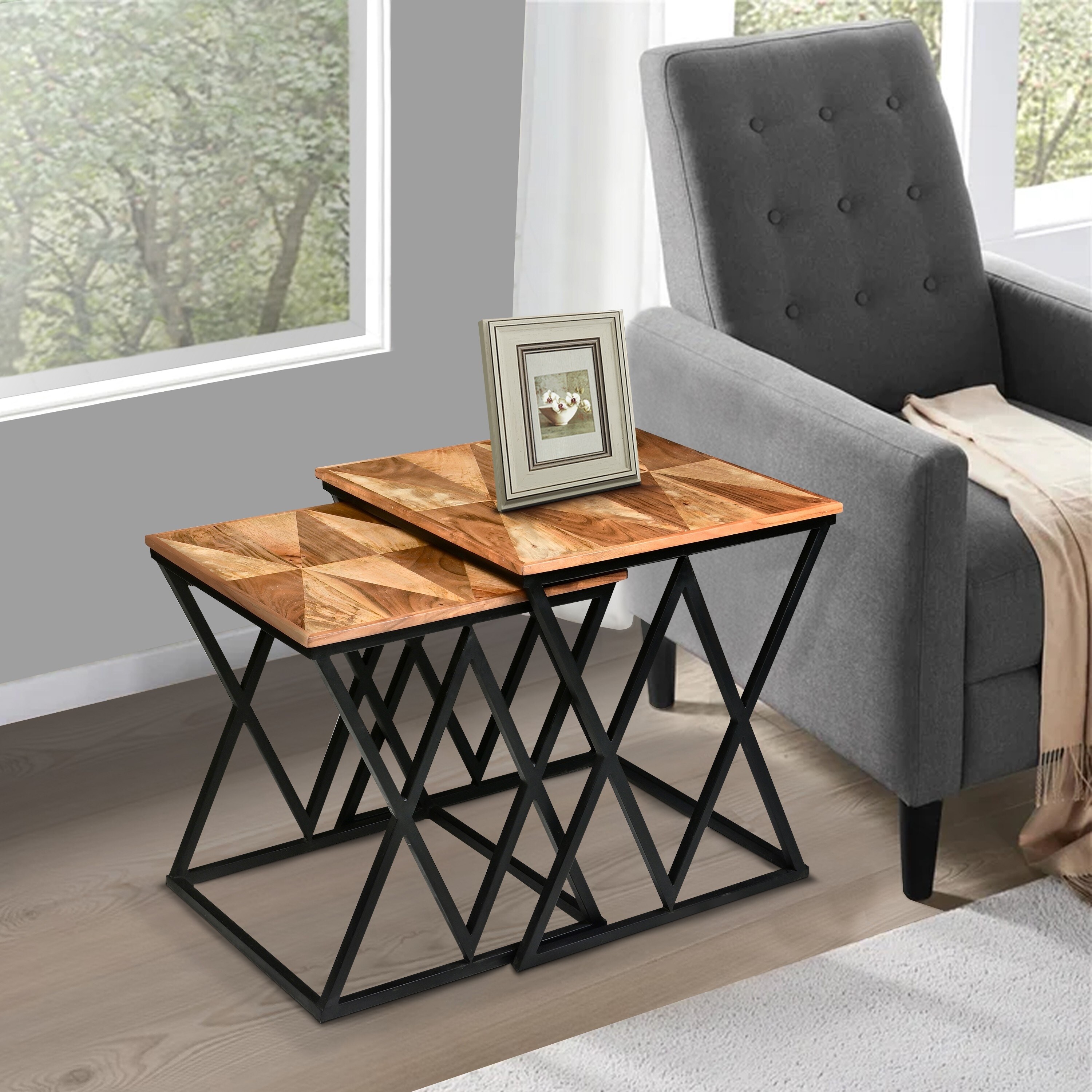 25， 23 Inch Square 2 Piece Nesting End Table Set， Wood to P， X Shape Iron Frame， Den， Bedroom Living Room， Brown and Black