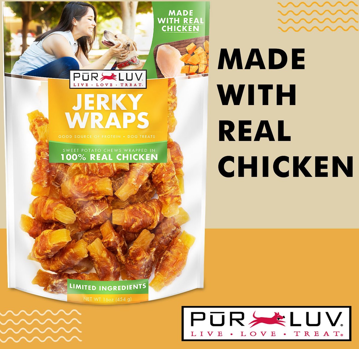 Pur Luv Sweet Potato Chews Jerky Wraps Dog Treats， 16-oz bag