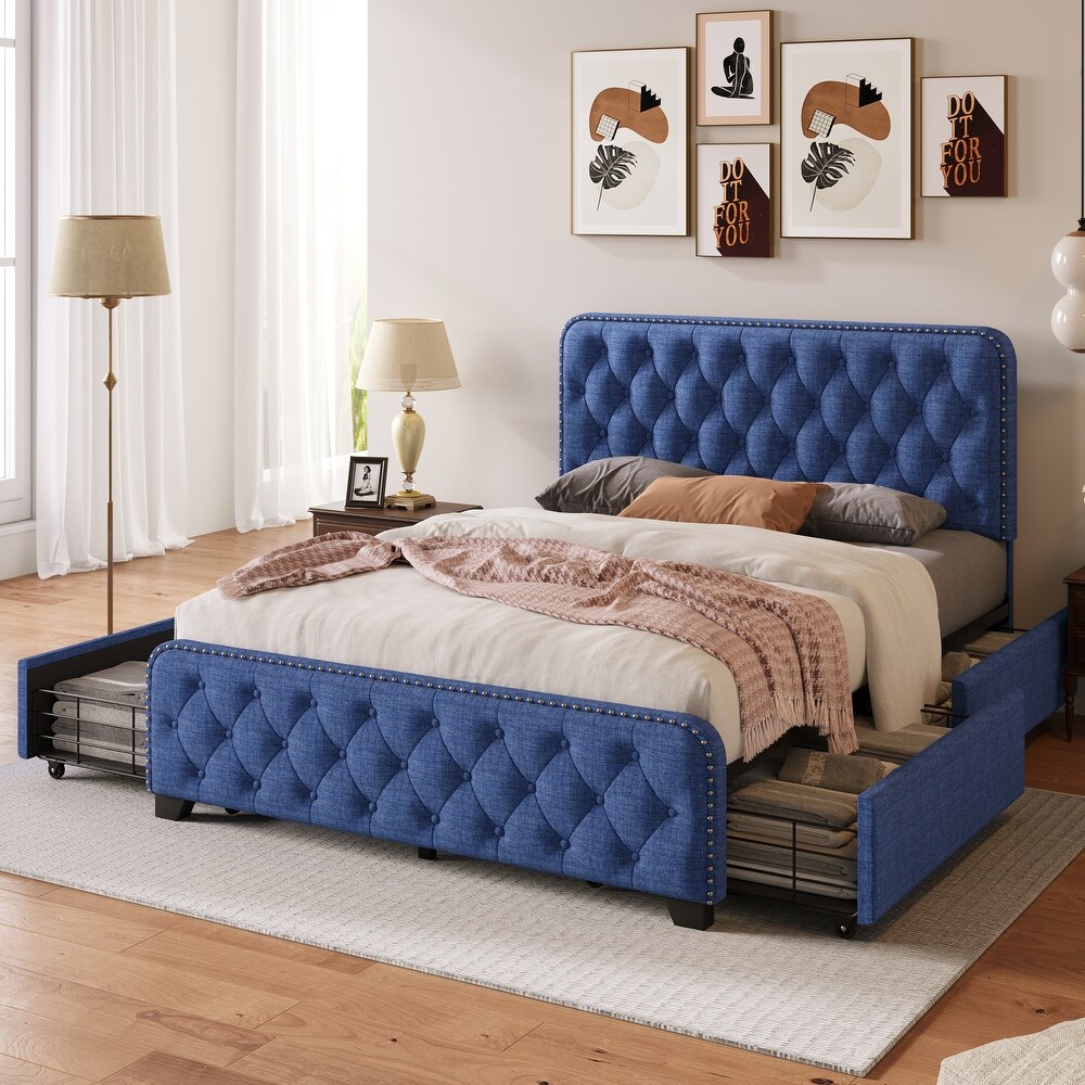 Upholstered Platform Bed Frame with Four Drawers Tufted Headboard and Footboard