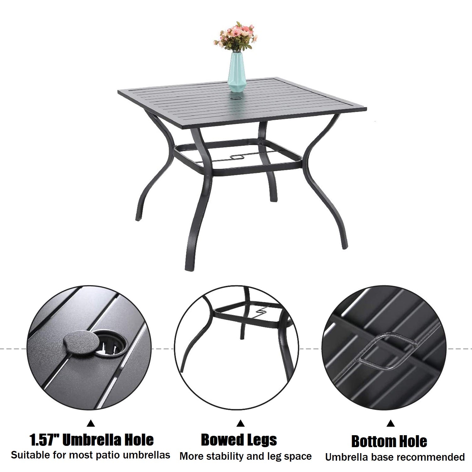 MF Studio 5-Piece Outdoor Dining Set Metal Patio Furniture with 4 PCS Stacking Armchairs & 1PC Square Table with Umbrella Hole,  Suitable for Garden, Yard&Deck, Black