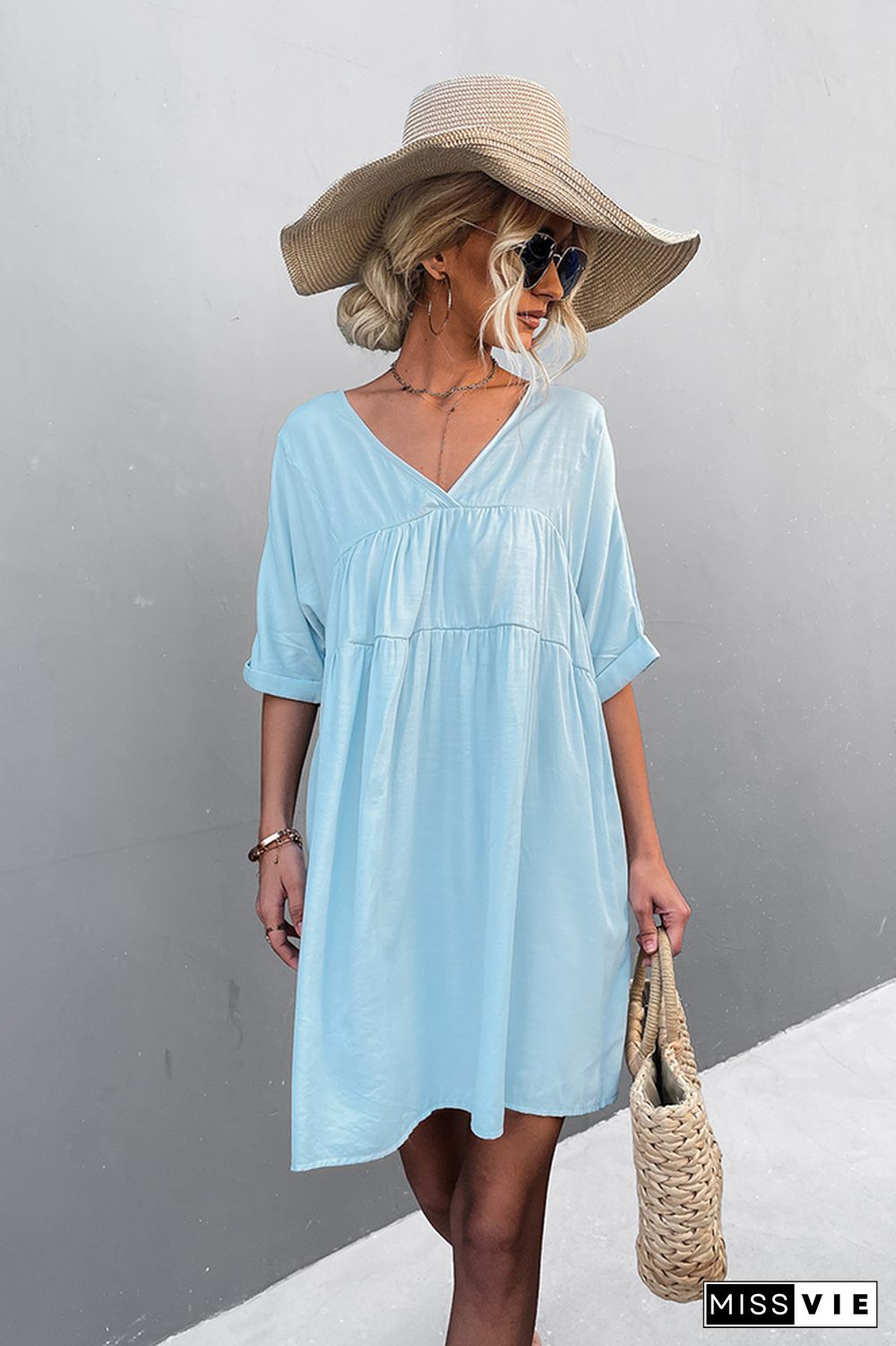 Loose V Neck Short Sleeves Dress Wholesale