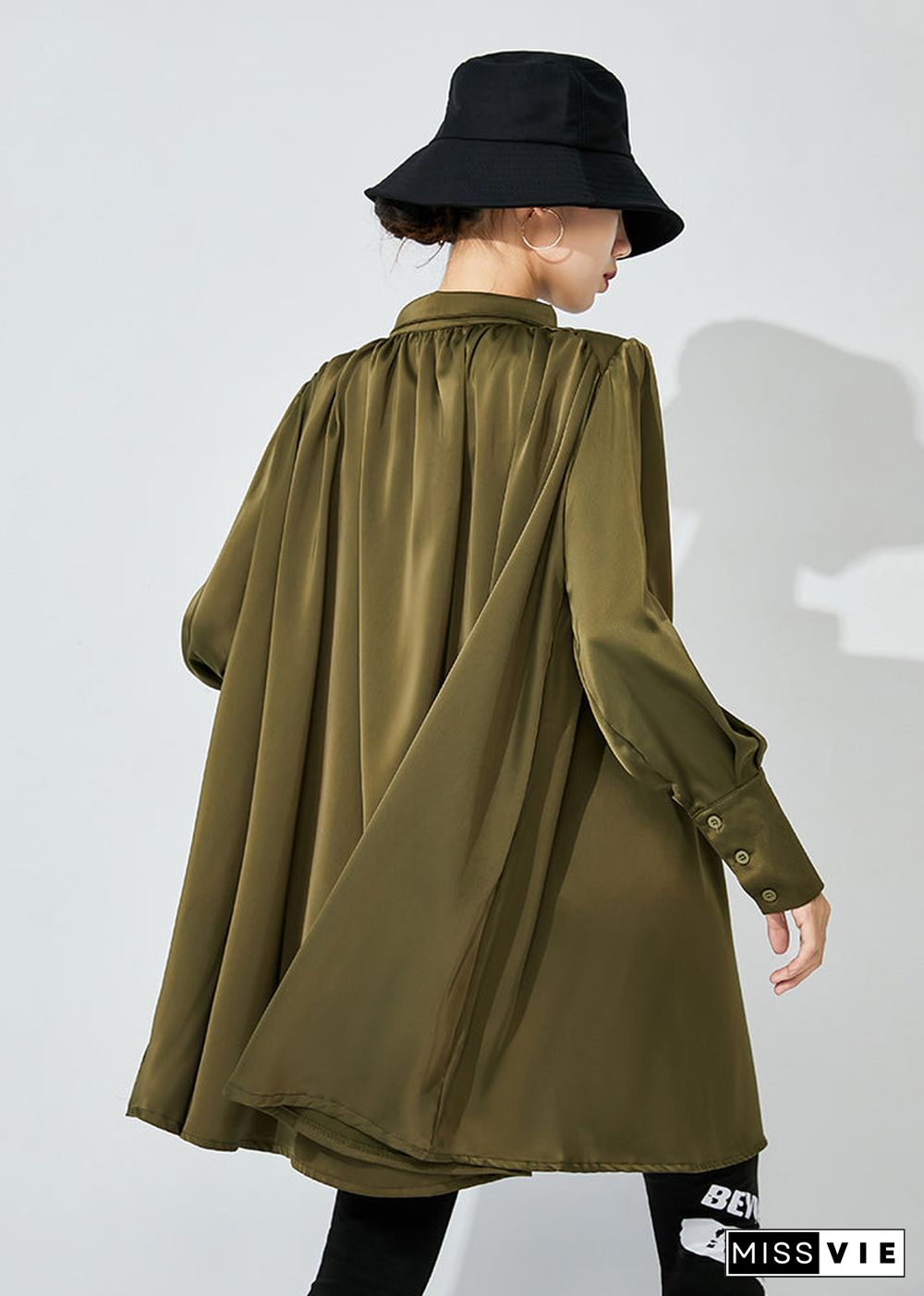 Army Green Draping Silk Shirt Top Oversized Wrinkled Spring