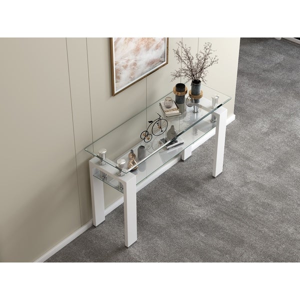 Tempered Glass Top Rectangular Double-Layer Console Table with MDF Legs， For Living Room， Foyer Console Table