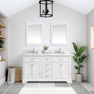 Home Decorators Collection Windlowe 61 in. W x 22 in. D x 35 in. H Freestanding Bath Vanity in White with Carrara White Marble Marble Top 15101-VS61C-WT