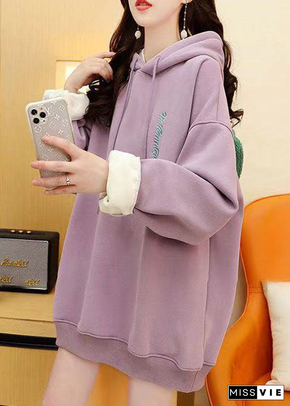 Chic Orange Hooded Graphic Warm Fleece Sweatshirts Tracksuits Winter