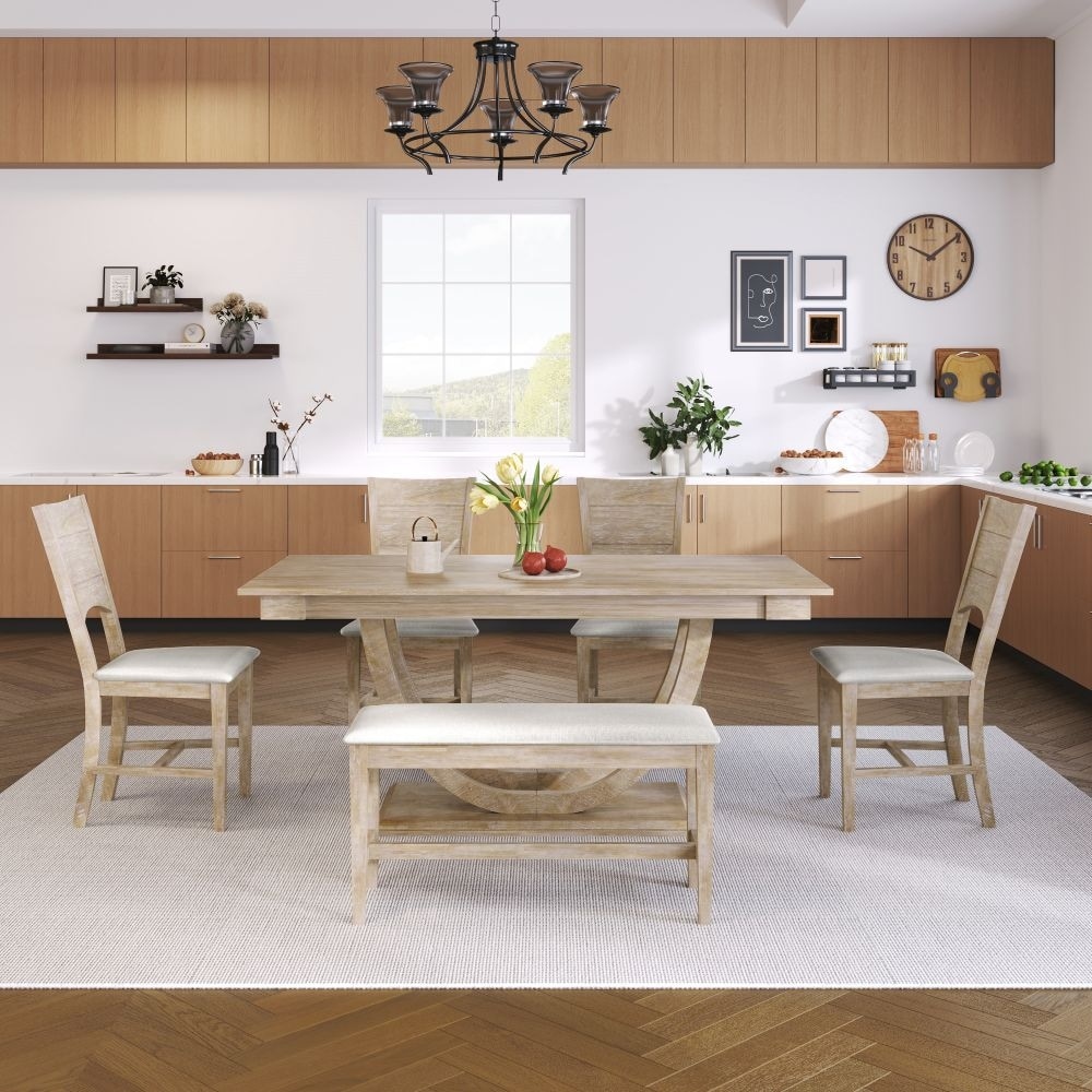 6 Piece Wood Half Round Dining Table Set Kitchen Table Set with Long Bench and 4 Dining Chairs