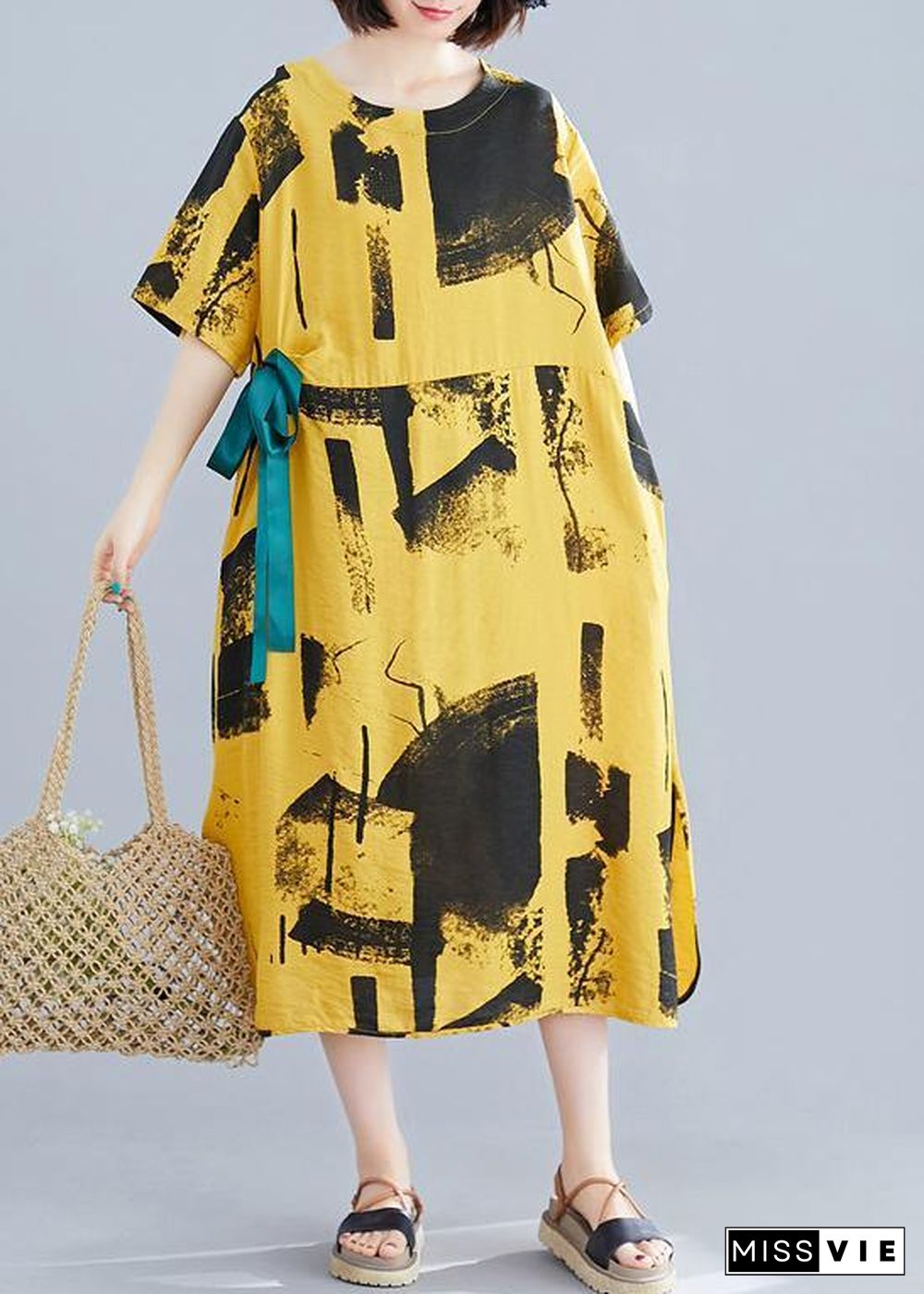 Elegant yellow print cotton Tunic o neck tie waist A Line summer Dresses