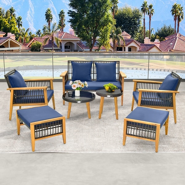 7 Piece Outdoor Conversation Set with Stable Acacia Wood Frame Cozy Seat and Back Cushions