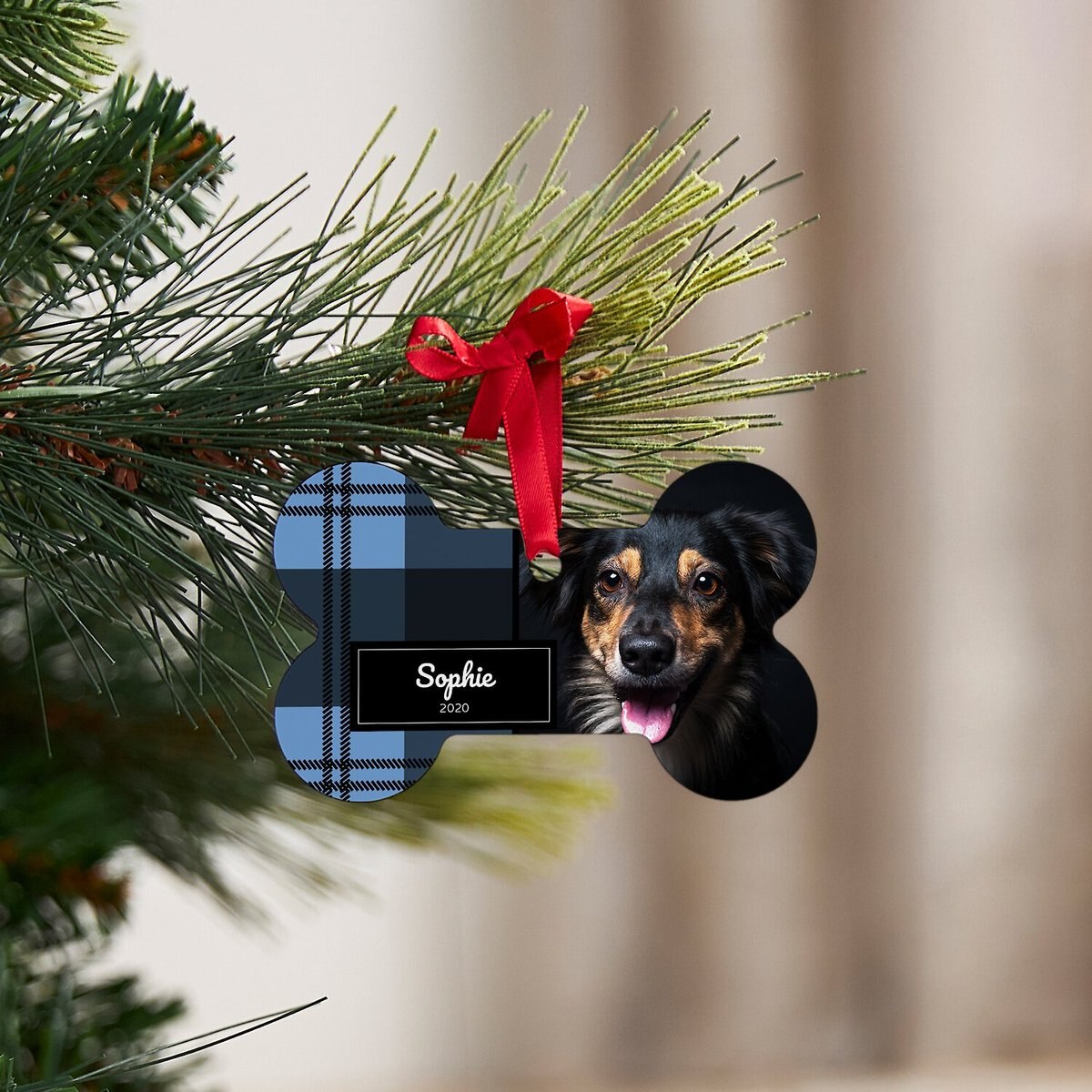 Frisco Plaid Bone Shape Metal Personalized Dog Holiday Ornament