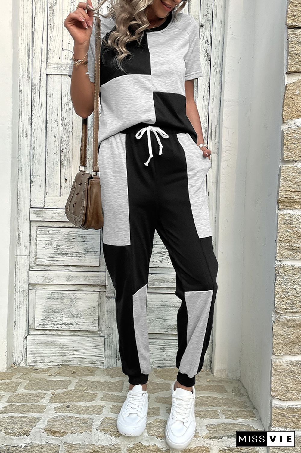 Black & Gray Patchwork Drawstring Top & Pants 2 Pcs Set Wholesale