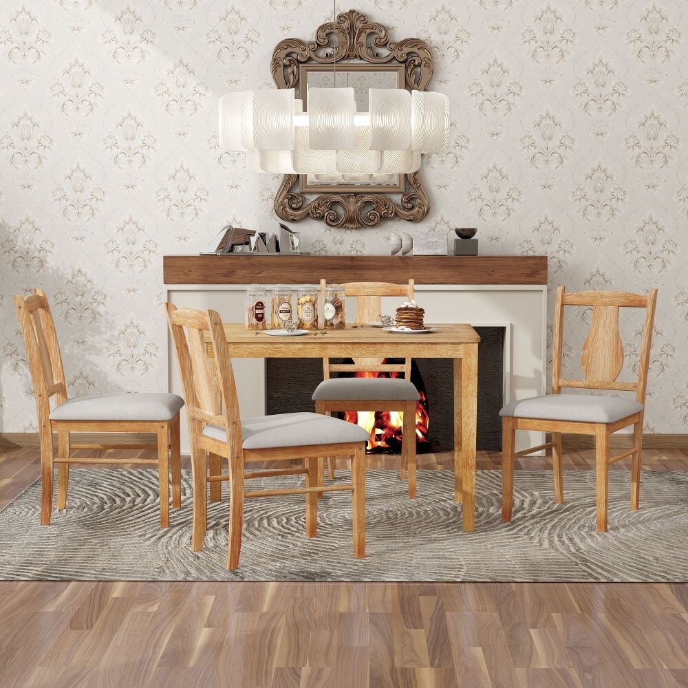 5 Piece Kitchen Dining Table Set  Wooden Rectangular Dining Table and 4 Upholstered Chairs