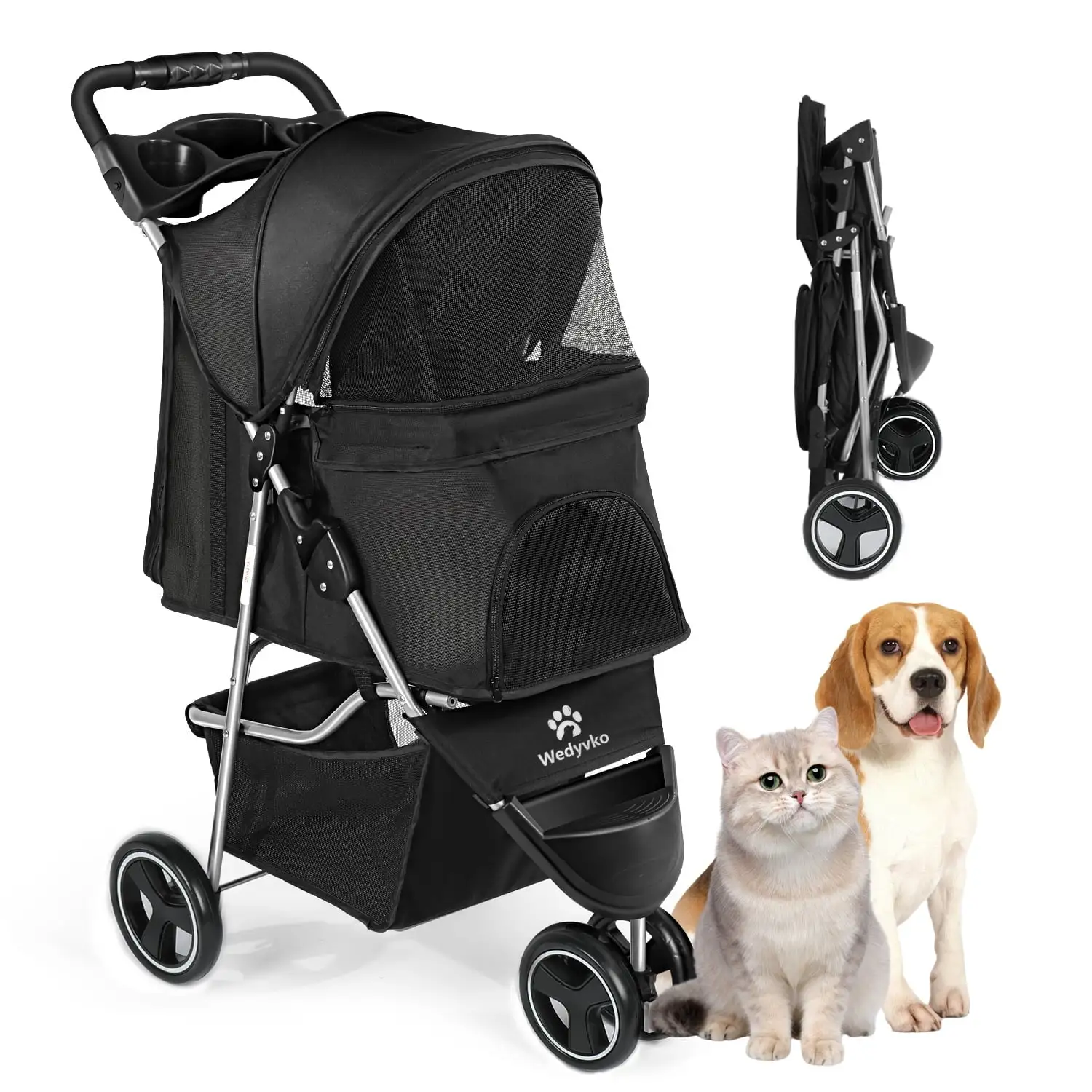 Pet Dog Stroller， Wedyvko 3 Wheels Foldable Dogs and Cat Strollers with Storage Basket and Cup Holder for Small and Medium Cats