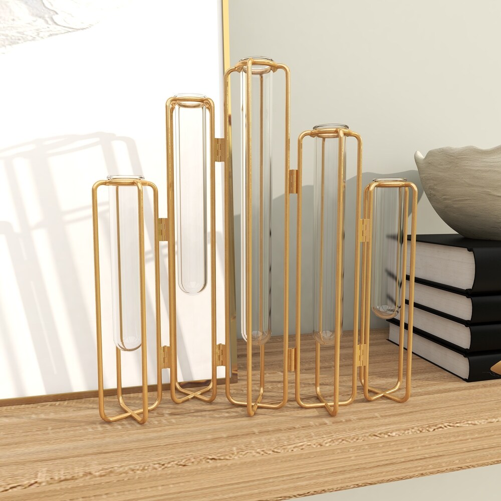 Gold or Silver Metal Foldable Vase with Clear Glass Tubes