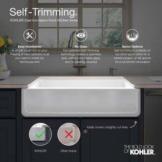 KOHLER Whitehaven Farmhouse Apron Front Cast Iron Self-Trimming 36 in. Single Basin Kitchen Sink in White with Basin Racks K-6488-0-6639-ST