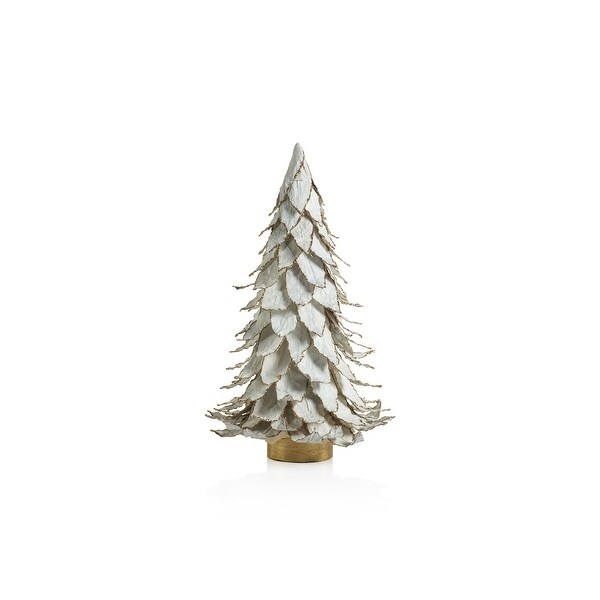 White Natural Leaf Christmas Tabletop Tree with Gold Trim，15.5