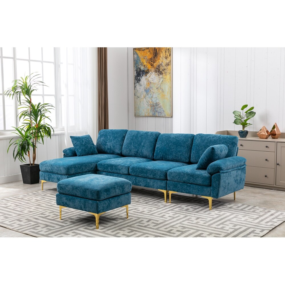 Chenille Sectional Sofas Set U shaped Modular Sofa Removable Recline Couch with Memory Foam Ottomans for Livingroom  Teal Blue