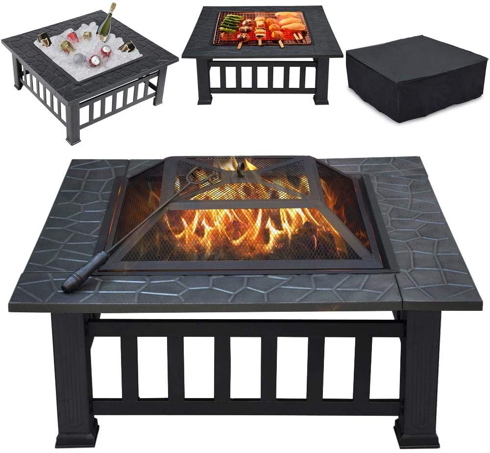 Multifunctional Fire Pit Table 32in Square Metal Firepit Stove Backyard Patio Garden Fireplace for Camping, Outdoor Heating, Bonfire and Picnic