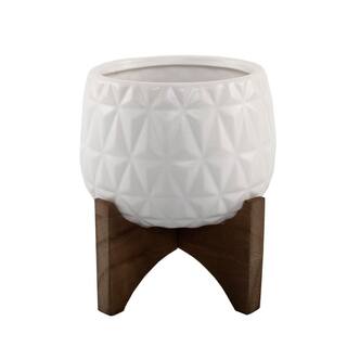 Flora Bunda 5 in. Matte White Kaleid Ceramic on Wood Stand Mid-Century Planter CT1223E-MTWH