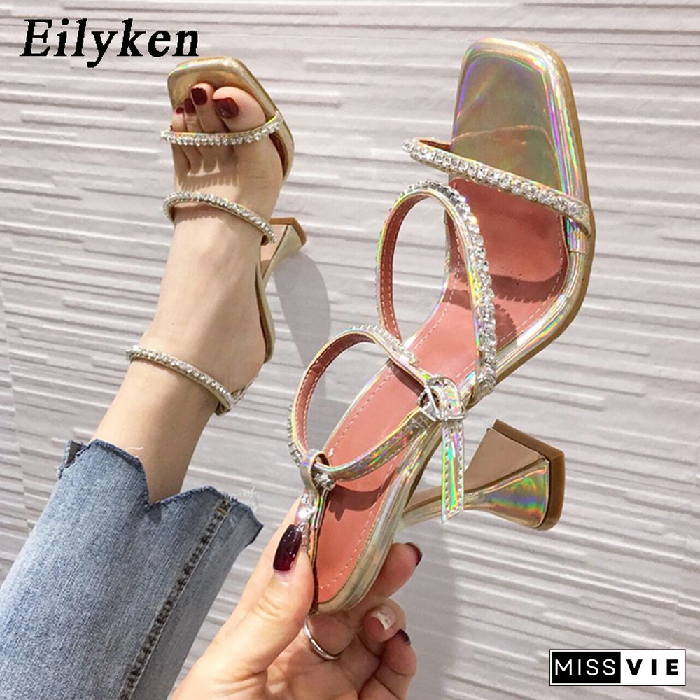 Eilyken New Design Square Toe Sandals Fashion Crystal Diamond PU Leather Ankle Buckle Strap Strange Heels Shoes Woman Summer