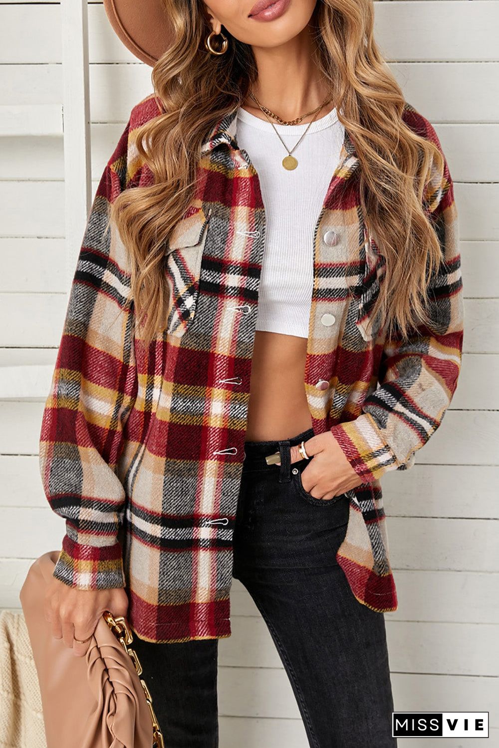 Geometric Plaid Print Pocketed Shirt