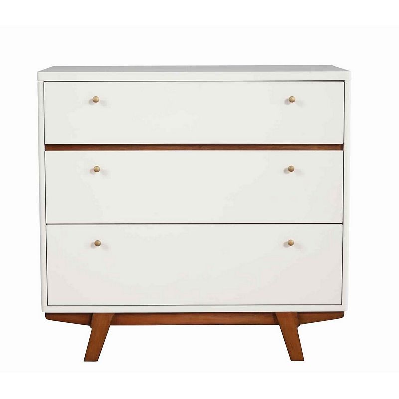 3 Drawer Wood Chest with Round Pulls and Angled Legs， Small，White and Brown