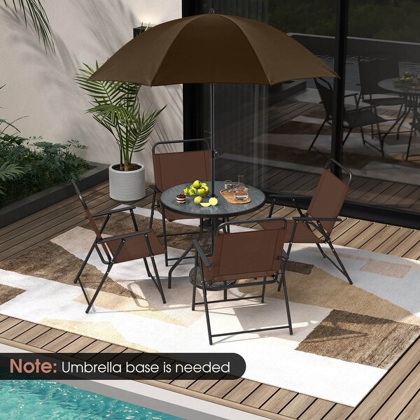 6 PCS Patio Garden Dining Set Folding Chairs Glass Table Umbrella