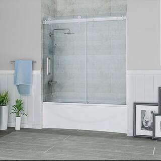 Schon Judy 60 in. x 59 in. Semi-Framed Sliding Trackless Tub and Shower Door in Chrome with Clear Glass SC70013