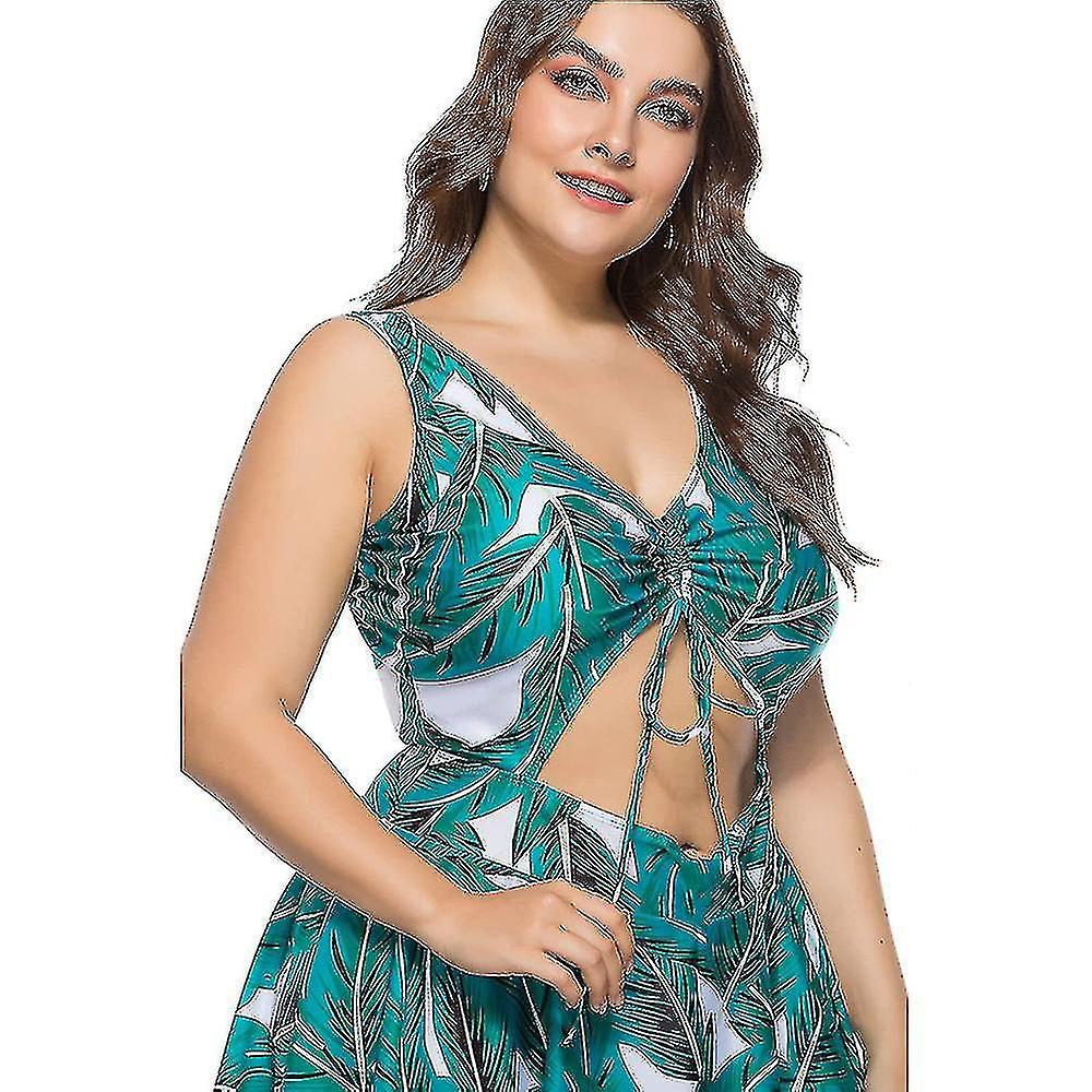 Plus Size Floral Print Halter Swimwear One Piece Pin Up Tankini Swimwear