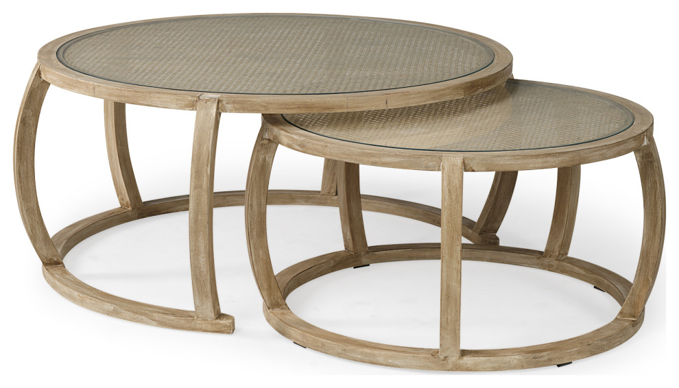 HomeRoots S/2 41.5 quotRound Woven Cane Glass Top and Solid Wood Coffee Tables   Transitional   Coffee Table Sets   by VirVentures  Houzz