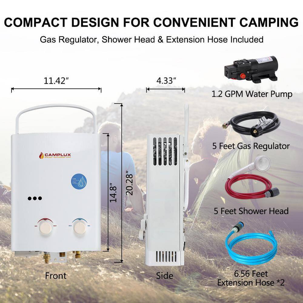 CAMPLUX ENJOY OUTDOOR LIFE Camplux 5 L 1.32 GPM Outdoor Portable Propane Gas Tankless Water Heater with 1.2 GPM Water Pump AY132P43