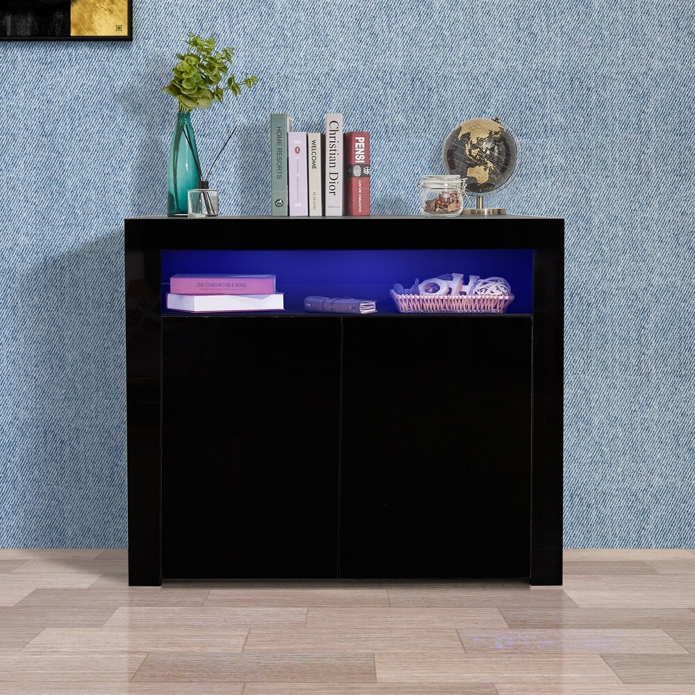 Living Room Sideboard Storage Cabinet Black High Gloss with LED Light  Modern Kitchen Unit Cupboard Buffet Wooden Storage