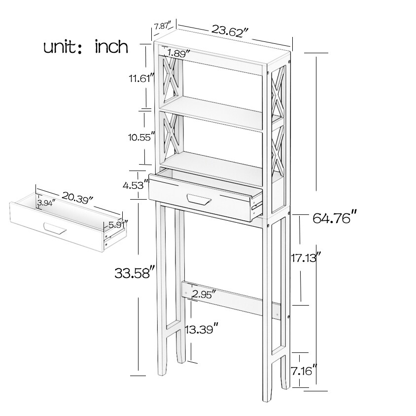 White Over the Toilet Storage Cabinet with one Drawer and 2 Shelves