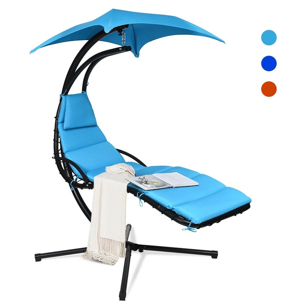 Hanging Chaise Lounger with Stand and Pillow for Outdoor   Blue   73.5'' x 40'' x 79\