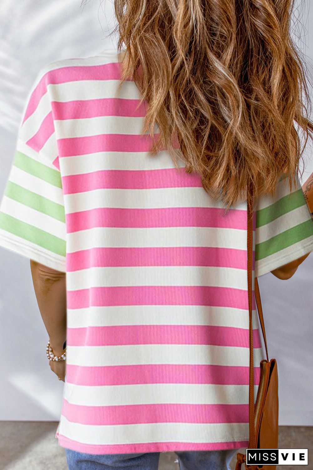 Pink Stripe Contrast Patch Pocket Drop Sleeve T Shirt