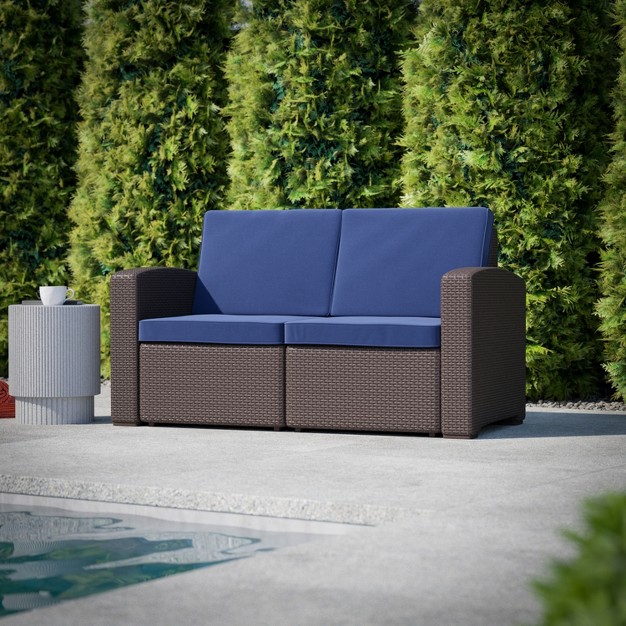 Flash Furniture Seneca Faux Rattan Loveseat With All weather Cushions